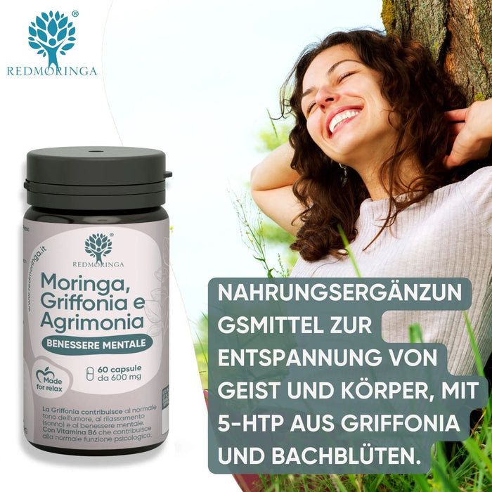 100% natural relaxation and sleep set | Against anxiety and stress with 5-HTP from Griffonia, Agrimony, Melatonin, Valerian and Moringa 