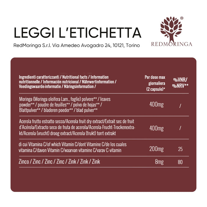 Tabella ingredienti: Moringa, Acerola, zinco