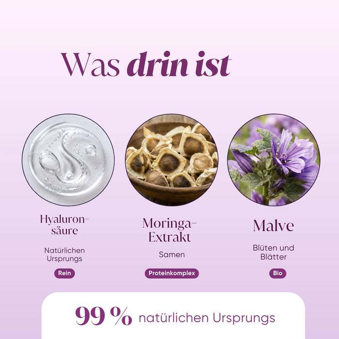 Serum ingredients: pure hyaluronic acid, Moringa extract, mallow, 99% natural origin