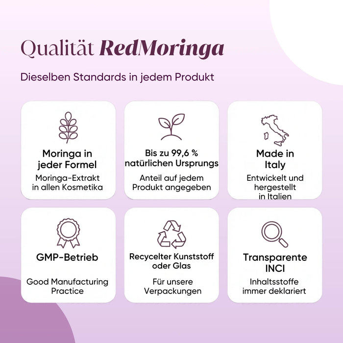 RedMoringa quality: Moringa in every formula, Made in Italy, GMP, recycled containers, transparent INCI
