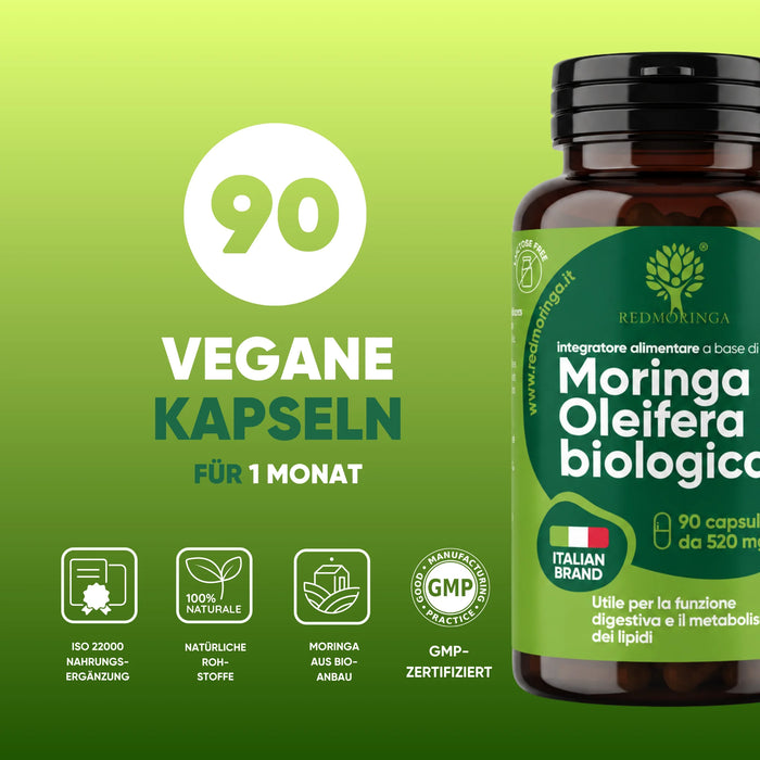 90 capsule vegetali di Moringa biologica per 1 mese, ISO 22000 e GMP