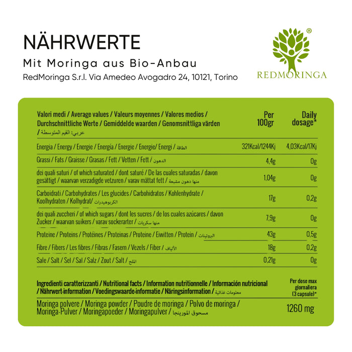 Valori nutrizionali della Moringa oleifera biologica in capsule