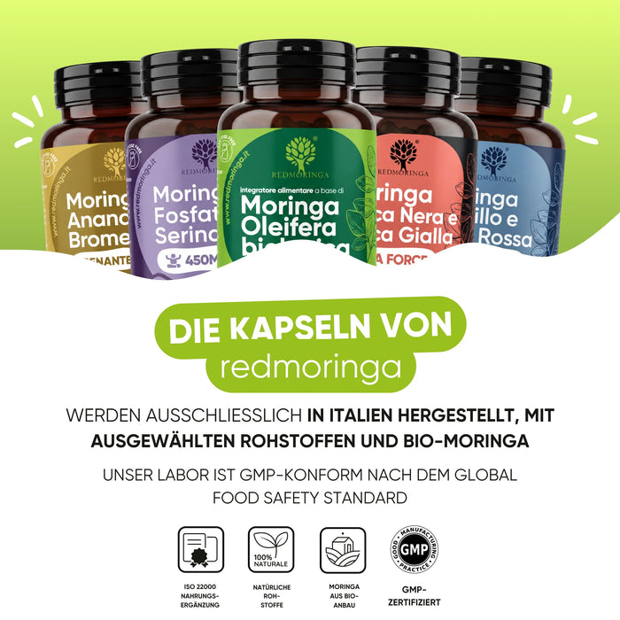 Gli integratori RedMoringa sono prodotti in Italia con Moringa biologica, laboratorio conforme GMP