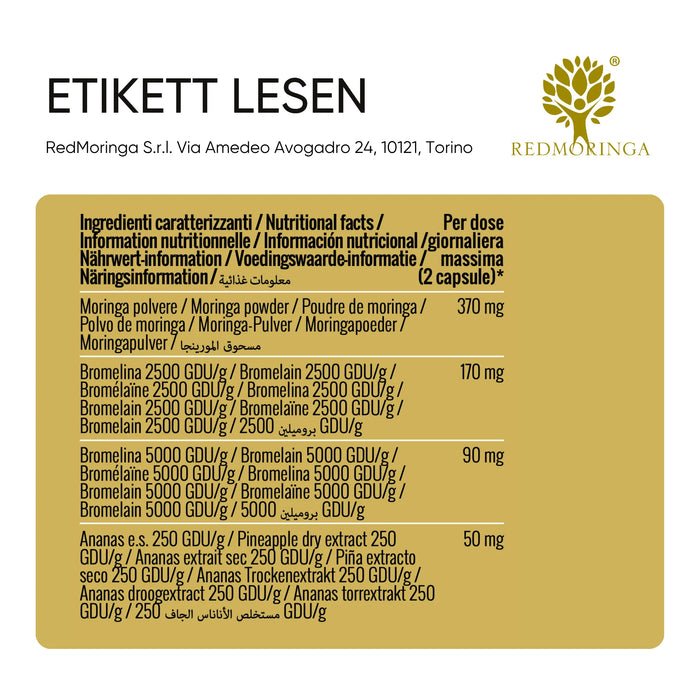 Tabella ingredienti: Moringa, Bromelina 2500 e 5000 GDU/g, Ananas