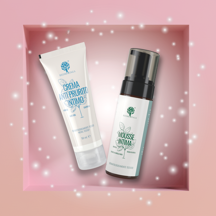 Bundle intimo naturale RedMoringa con mousse detergente e crema lenitiva, trattamento completo per igiene, comfort e benessere intimo femminile.