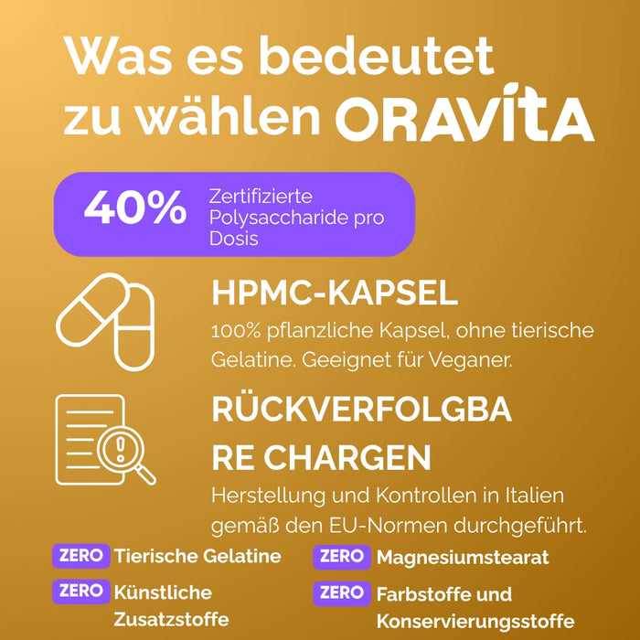 Cordyceps Kapseln ORAVità: 40% zertifizierte Polysaccharide, pflanzliche HPMC-Kapsel, rückverfolgbare Chargen