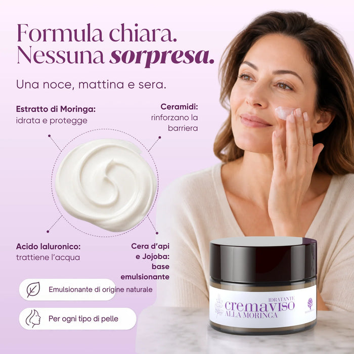 Formula chiara: estratto di Moringa, acido ialuronico, ceramidi, cera d'api e jojoba