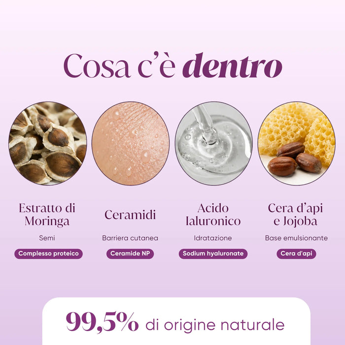 Ingredienti: estratto di Moringa, ceramidi, acido ialuronico, cera d'api e jojoba