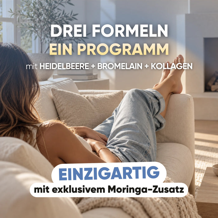Set Gambe Perfette: tre formule con mirtillo, bromelina e collagene in un solo programma, con Moringa