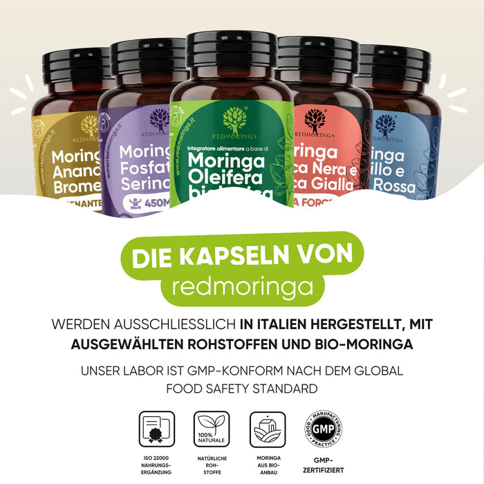 Gli integratori RedMoringa sono prodotti in Italia con Moringa biologica, laboratorio conforme GMP