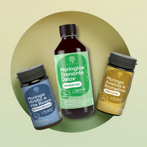 Moringa, Mirtillo e Vite Rossa - Microcircolo
Moringlow Drenante Detox - Depurativo
Moringa Ananas e Bromelina - Cellulite