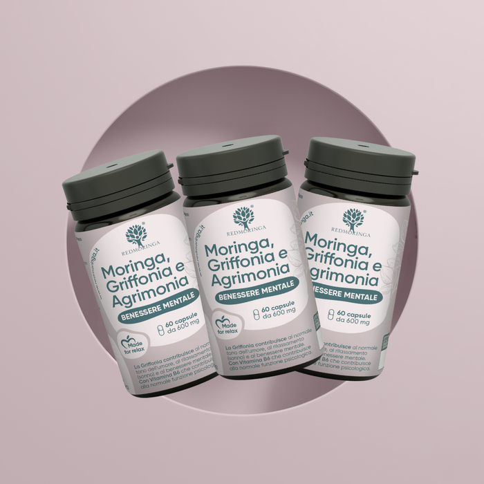 Complément alimentaire à base de Griffonia 5-HTP, d'Agrimonia, de vitamine B6 et de Moringa - Utile contre l'anxiété et le stress