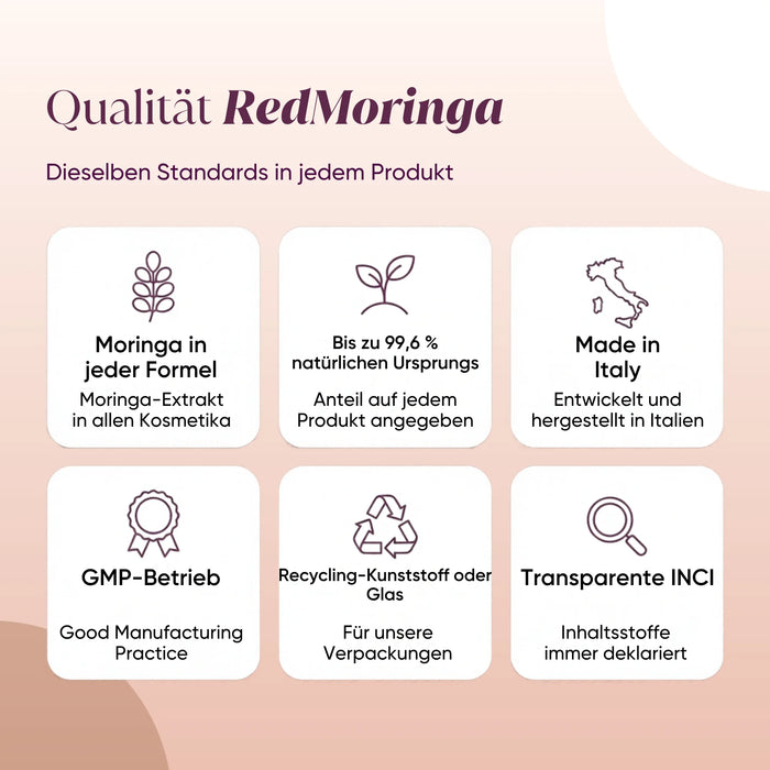 RedMoringa quality: Moringa in every formula, Made in Italy, GMP, recycled containers, transparent INCI