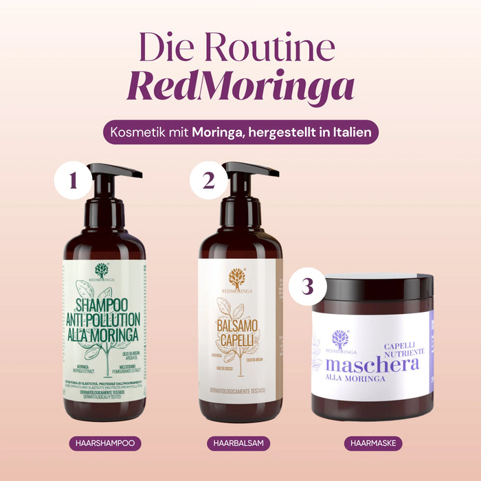 RedMoringa hair routine: Moringa shampoo, conditioner and hair mask