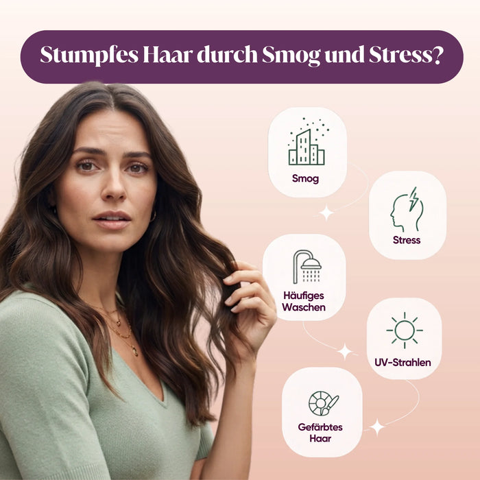 Dull hair from smog and stress: frequent washing, UV rays, coloured hair