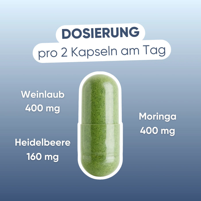 Dosaggio per 2 capsule: Vite rossa 400 mg, Mirtillo nero 160 mg, Moringa 400 mg