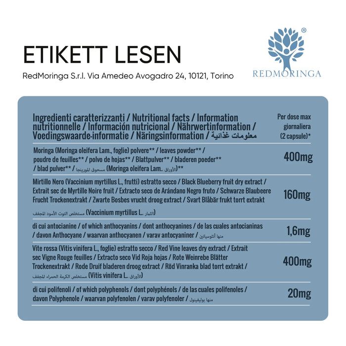 Tabella ingredienti: Moringa, Mirtillo nero, Vite rossa