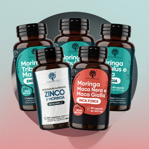 RedMoringa INCA BOOST treatment: five jars with Moringa Tribulus and Maca Energia, Zinc and Moringa and INCA FORCE