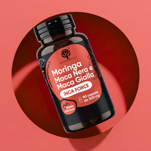 Flacone INCA FORCE RedMoringa, integratore di maca nera e maca gialla con Moringa, 90 capsule da 500 mg su fondo rosso