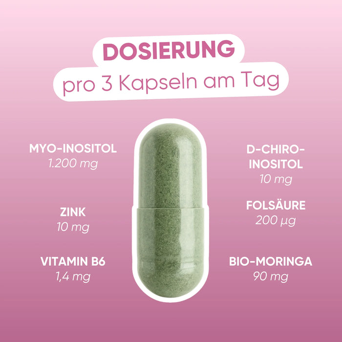 Dosage per 3 capsules: myo-inositol 1,200 mg, D-chiro-inositol 10 mg, zinc 10 mg, vitamin B6 1.4 mg, folic acid 200 µg, organic Moringa 90 mg