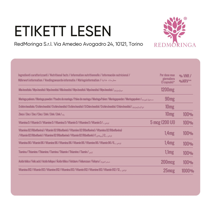 Ingredients table: myo-inositol, Moringa, D-chiro-inositol, zinc, vitamin D and B vitamins, folic acid