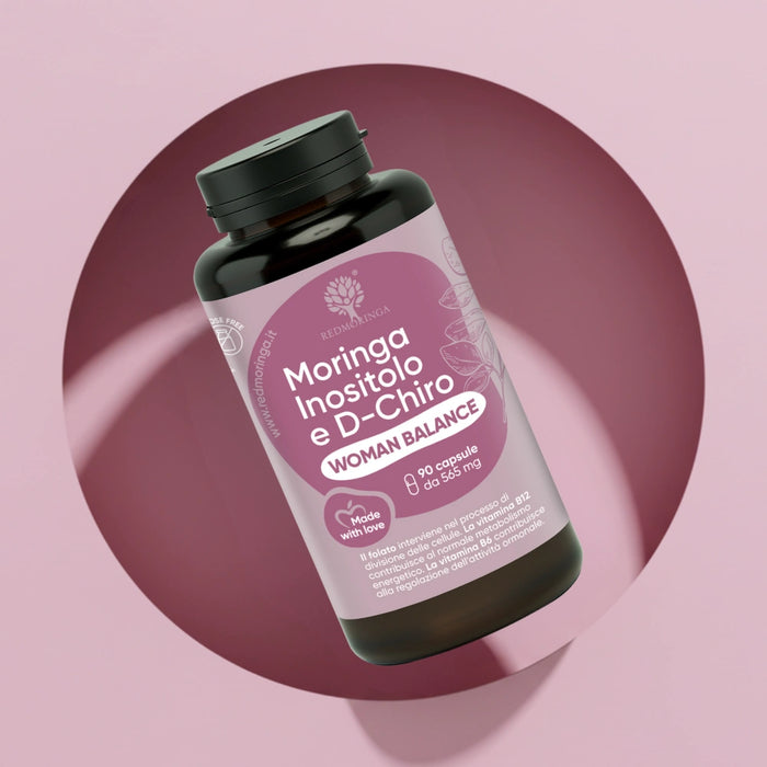 Moringa, Inositolo e D-Chiro - Woman Balance
90 capsule da 565 mg

Il folato interviene nel processo di divisione delle cellulte. La vitamina B12 contribuisce al normale metabolismo energetico. La vitamina B6 contribuisce alla regolazione dell'attività ormonale.