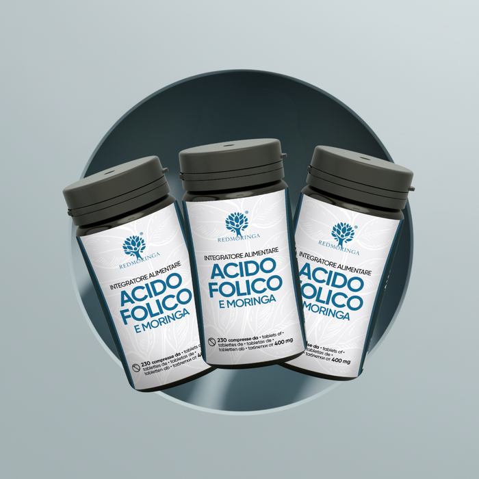 Integratore naturale RedMoringa a base di acido folico, ideale per gravidanza e benessere cellulare.