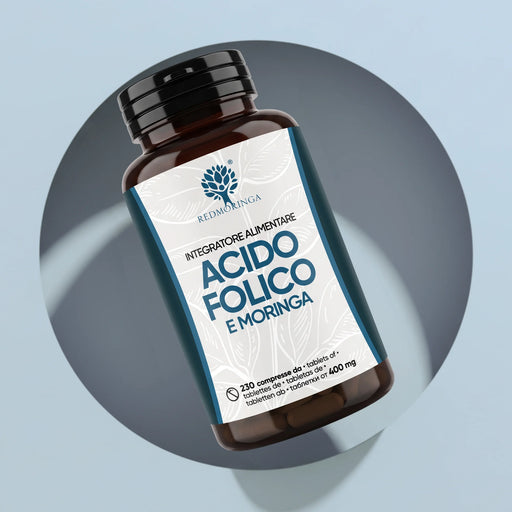 Jar of the RedMoringa Folic Acid and Moringa supplement, 230 tablets of 400 mg, designed for pregnancy