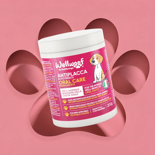 Barattolo da 200 g di Wellwoof Oral Care by RedMoringa, integratore antitartaro per cani in polvere appetibile con misurino