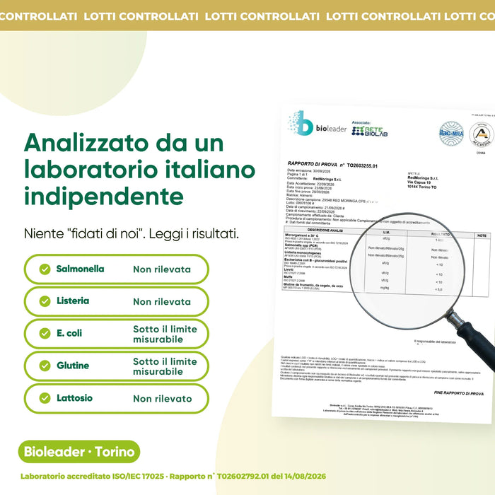 Analisi di laboratorio indipendente: salmonella, listeria, glutine, lattosio