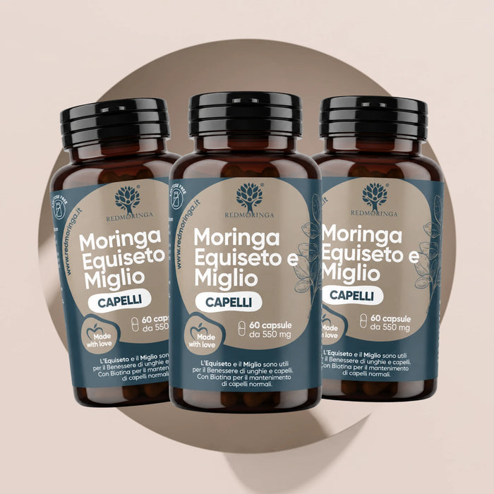 Tre flaconi Moringa Equiseto e Miglio RedMoringa, integratore capelli, 3 x 60 capsule vegetali per 3 mesi