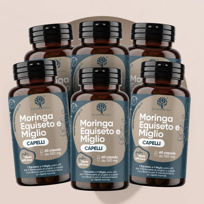 Sei flaconi Moringa Equiseto e Miglio RedMoringa, integratore capelli, 6 x 60 capsule vegetali per 6 mesi