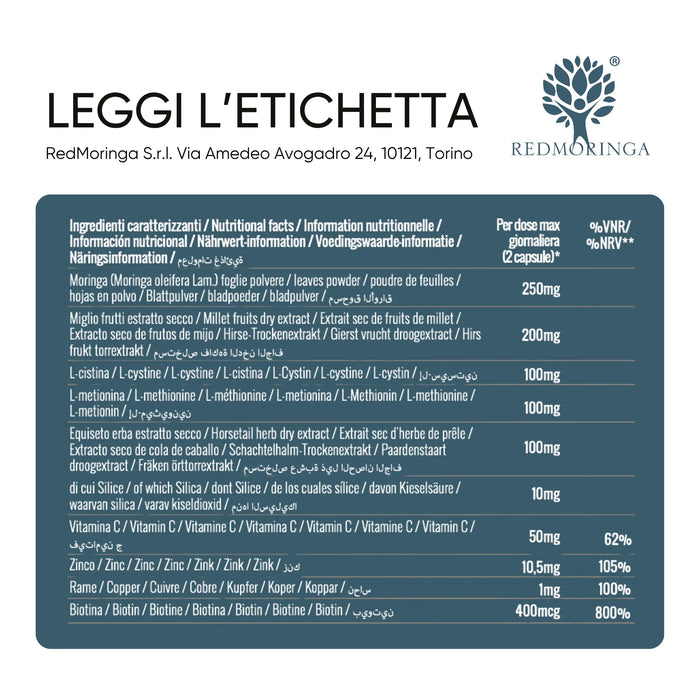 Tabella ingredienti: Moringa, Miglio, Cistina, Metionina, Equiseto, vitamina C, zinco, rame, biotina