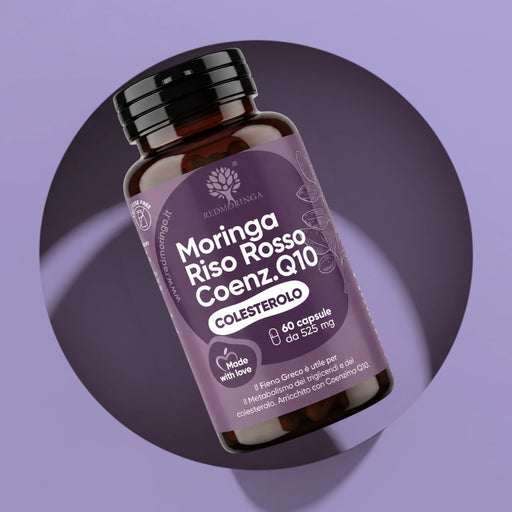 Jar of RedMoringa Moringa Red Rice and Coenzyme Q10, cholesterol supplement with 60 capsules of 525 mg