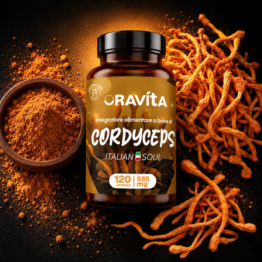 Oravita Cordyceps supplement, 120-capsule jar with cordyceps powder and dried Cordyceps mushrooms on a dark background
