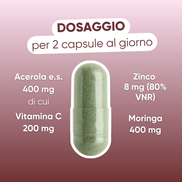 Dosage per 2 capsules: acerola 400 mg with vitamin C 200 mg, zinc 8 mg, Moringa 400 mg