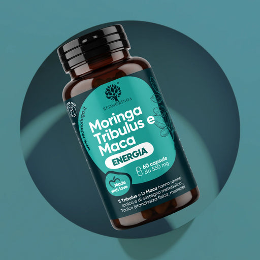 RedMoringa Moringa Tribulus and Maca energy supplement: bottle of 60 capsules of 550 mg on a teal background