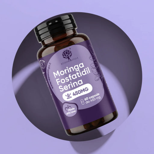 Flacone di Moringa Fosfatidilserina 450 mg RedMoringa, integratore di fosfatidilserina in 60 capsule, su fondo lilla