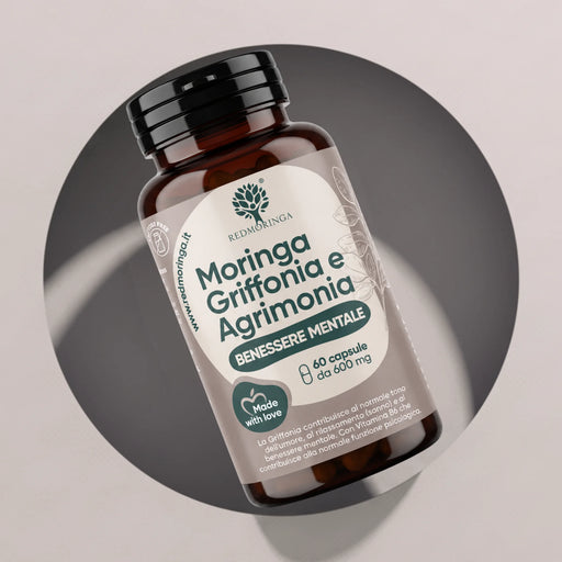 Moringa Griffonia and Agrimony Mental Wellbeing bottle by RedMoringa, 60 capsules of 600 mg, griffonia for anxiety and stress