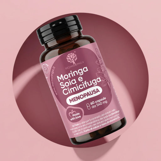 RedMoringa Moringa Soy and Black Cohosh bottle, menopause supplement with isoflavones and vitamin D, 60 capsules of 540 mg
