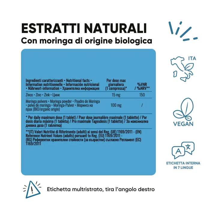 Etichetta Zinco e Moringa RedMoringa: 15 mg di zinco e 100 mg di Moringa bio per compressa, vegan