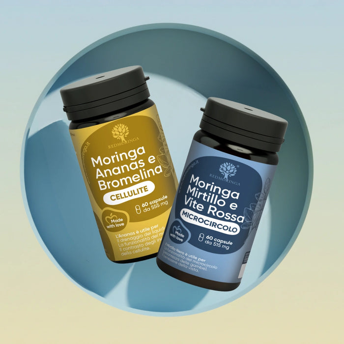Moringa, Ananas e Bromelina - Cellulite
Moringa, Mirtillo e Vite Rossa - Micocircolo