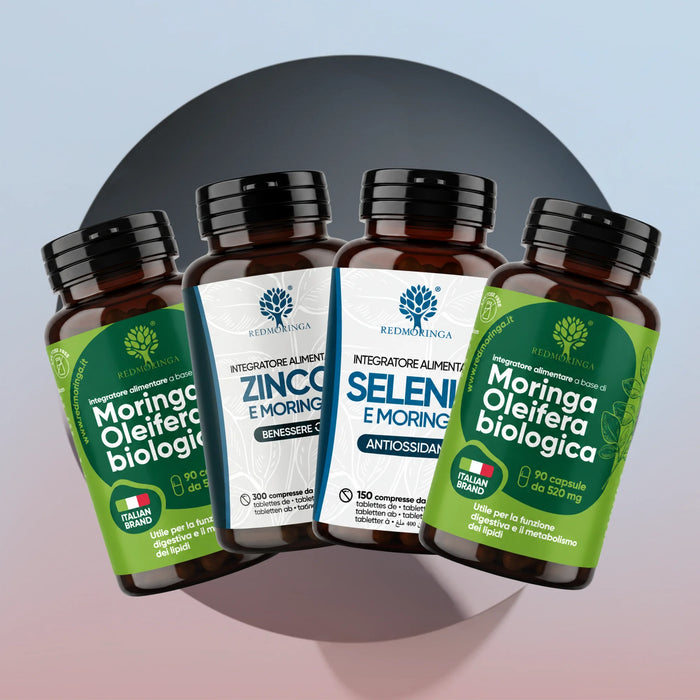 Trattamento antiossidante RedMoringa: due flaconi Moringa Oleifera biologica, Zinco e Moringa, Selenio e Moringa