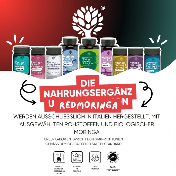 RedMoringa Nahrungsergänzungsmittel hergestellt in Italien mit Bio-Moringa und ausgewählten Rohstoffen – GMP-zertifiziert