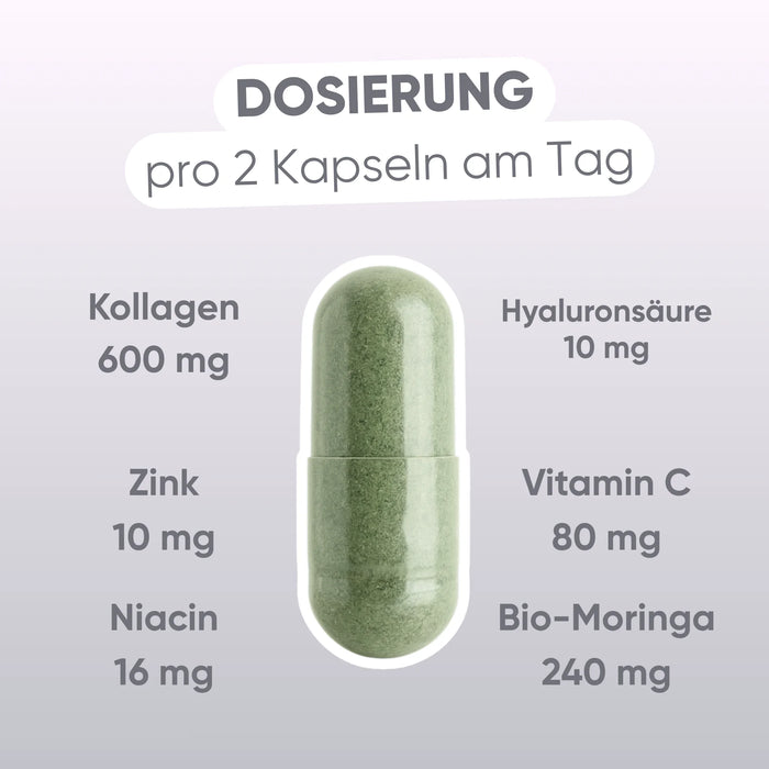 Dosaggio per 2 capsule: collagene marino 600 mg, acido ialuronico 10 mg, vitamina C 80 mg