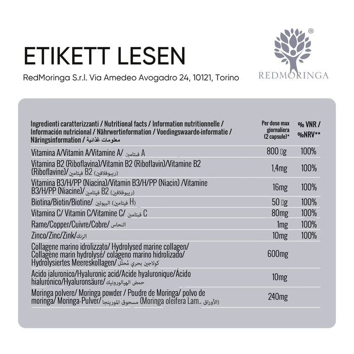 Tabella ingredienti: collagene marino, acido ialuronico, vitamine, zinco, rame, Moringa