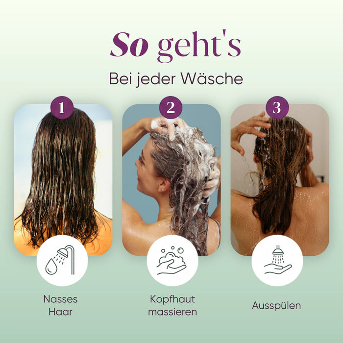 How to use the shampoo: wet hair, massage the scalp, rinse