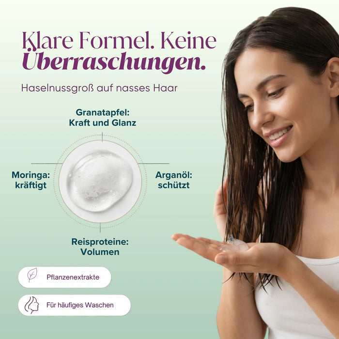 Clear formula: pomegranate, moringa, argan oil, rice proteins, plant-based cleansers