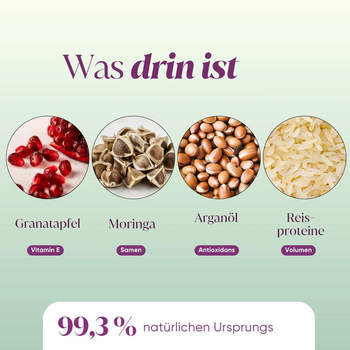 Shampoo ingredients: pomegranate, moringa, argan oil, rice proteins, 99.3% natural origin
