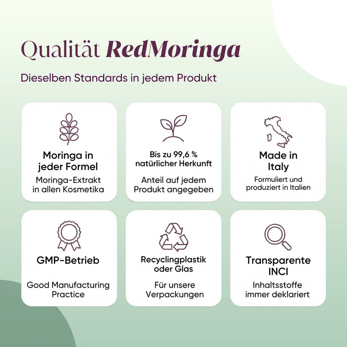 RedMoringa quality: Moringa in every formula, Made in Italy, GMP, recycled containers, transparent INCI